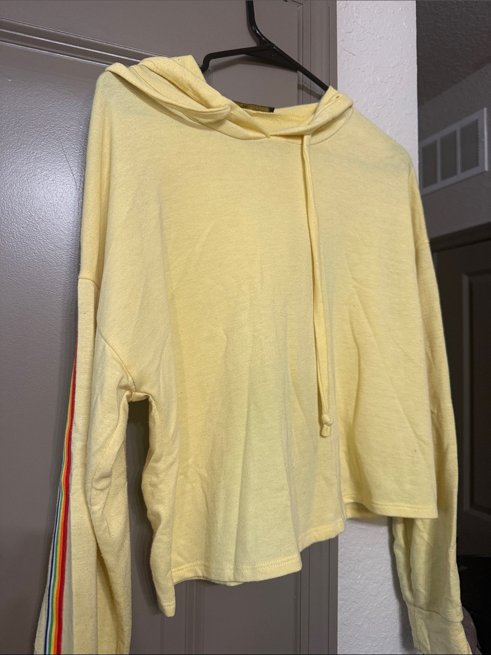 Rags to Raches Pale Yellow Hoodie with Rainbow Stripe Sleeve